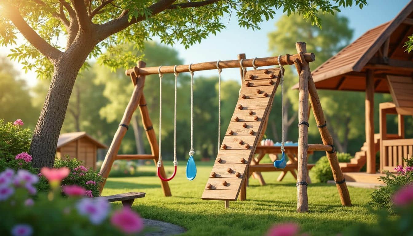 découvrez un aménagement extérieur familial alliant sécurité et nature avec des jeux en bois naturels, parfaits pour divertir petits et grands dans un espace convivial et écologique.