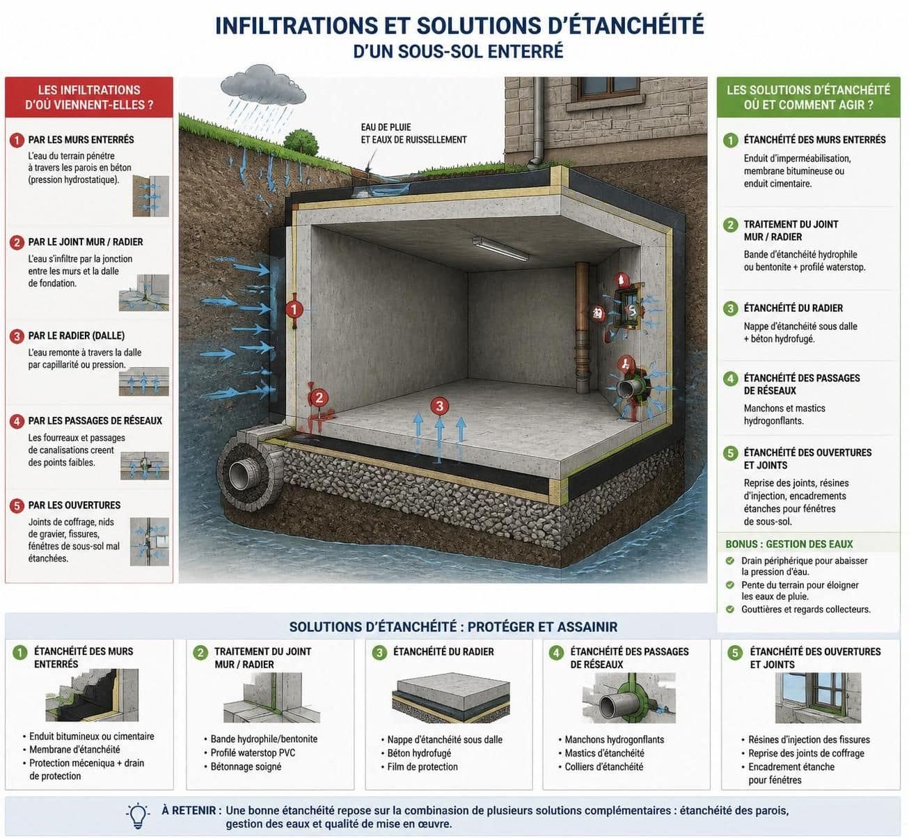 d&eacute;couvrez des m&eacute;thodes efficaces pour limiter les infiltrations d'eau dans un sous-sol enterr&eacute; et prot&eacute;ger votre habitation des risques d'humidit&eacute; et de d&eacute;g&acirc;ts.